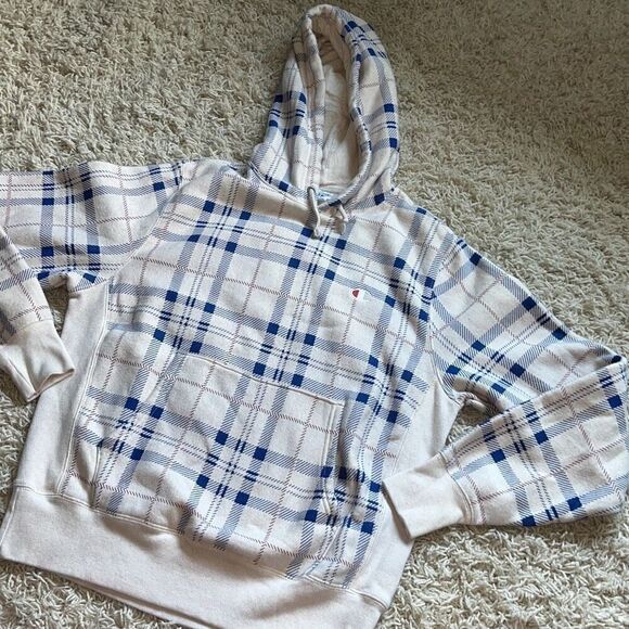 Champion Reverse Weave Tan Blue Red Hoodie Plaid All Over Print Mens Medium - Picture 1 of 15